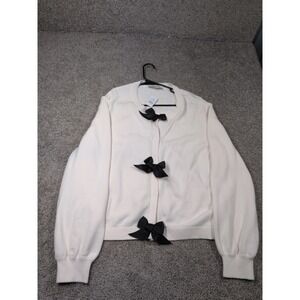 LOFT Womens XL Cream Cotton Knit Cardigan Sweater Black Bow‎ Accents Snap Front